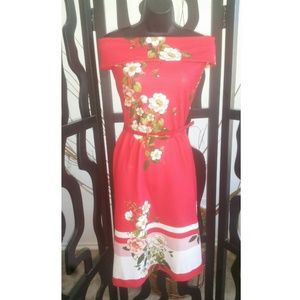 Sharagano off the shoulder belted floral dress.